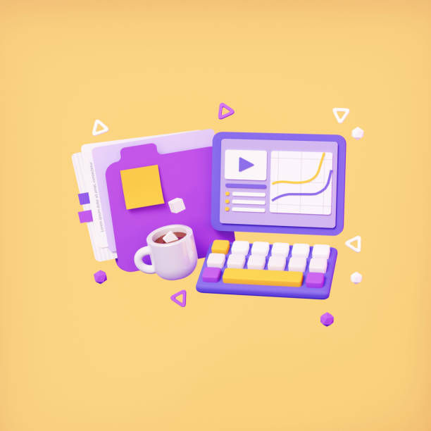 istock Folder, Coffee Cup and Personal Computer with Diagram on the Screen. 3d Render of Office Icon on Yellow Background 1469515635