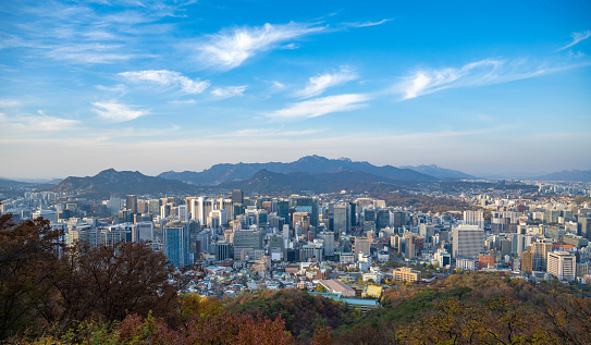 Aerial view of the capital city of Seoul in South Korea, seen a sunny day.