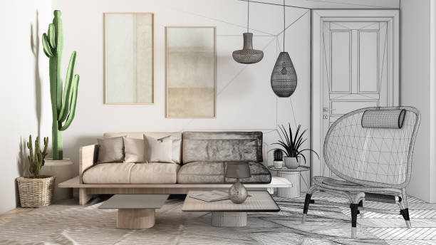istock Architect interior designer concept: unfinished project that becomes real, scandinavian ethnic living room. Sofa and coffee tables, armchair, carpet and lamps. Modern design concept 1469516454