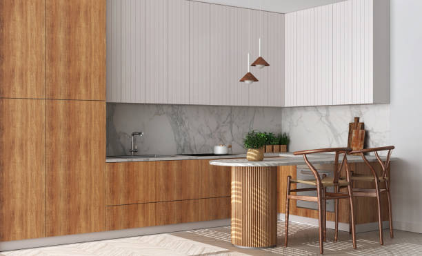 istock Modern scandinavian wooden kitchen in white tones. Dining island with chairs. Herringbone parquet floor and potted plants. Contemporary interior design 1469516463