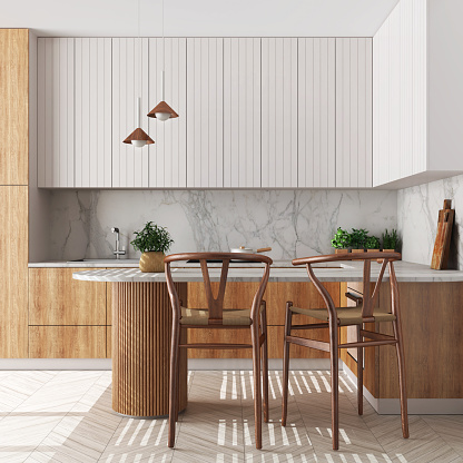 Japandi wooden kitchen in white tones. Dining island with chairs. Herringbone parquet floor and potted plants. Contemporary interior design