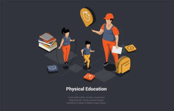 Vector illustration of Concept Of Physical Education. Two Children With Skipping Rope Making Different Exercises. Physical Education Teacher Teaching Class. Girl Jumping On Rope. Isometric 3d Cartoon Vector Illustration