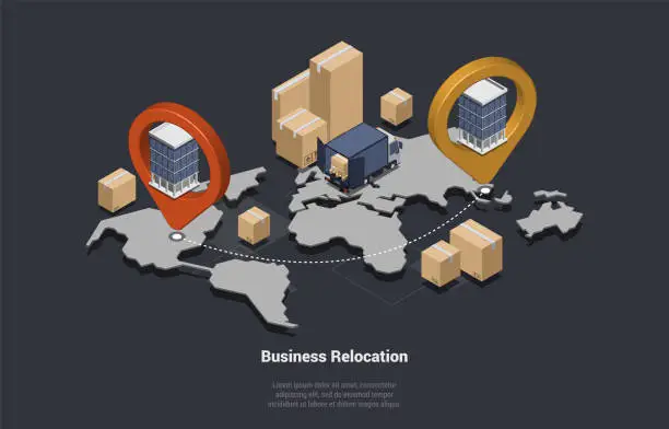 Vector illustration of Business Relocation, Change Office Location Concept. Process of Moving Company s Office From One Place To Another Between Countries. Global Relocation Of Business. Isometric 3d Vector Illustration