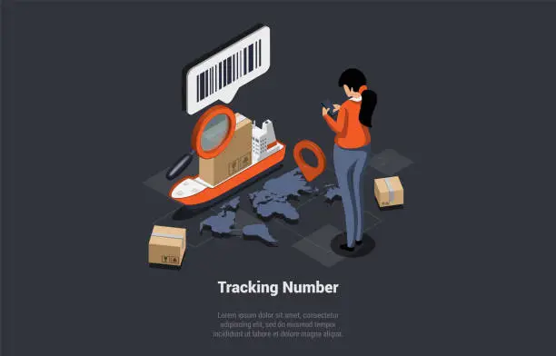 Vector illustration of Concept Of Tracking Number, Post Service Tracking And Parcel Localisation. Girl Checking Maritime Parcel Status Localisation On Smartphone With Courier Application. Isometric 3d Vector Illustration