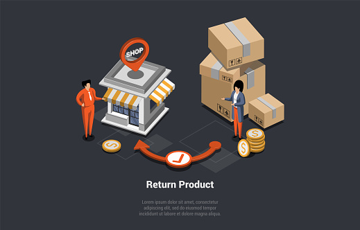 Concept Of Product Exchange and Return Policy, Purchase Refunding Procedure. Customer Return Product Under Warranty. Girl Exchanges Goods For Another In Shop. Isometric 3d Cartoon Vector Illustration.