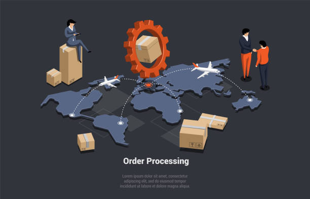 auftragsabwicklung und global world courier logistics delivery business. charaktere kontrollieren die lieferung verschiedener pakete in der zeit an kunden nach hause auf der ganzen welt. isometrische 3d-vektordarstellung - post processing stock-grafiken, -clipart, -cartoons und -symbole