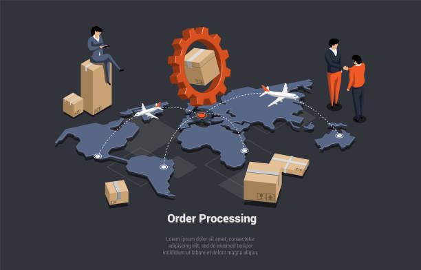 ilustrações de stock, clip art, desenhos animados e ícones de order processing and global world courier logistics delivery business. characters control delivery different packages in time to customers home all over the world. isometric 3d vector illustration - post processing