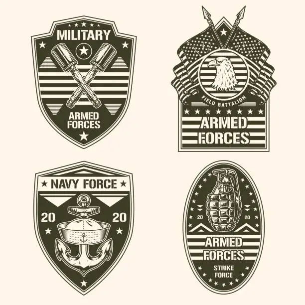 Vector illustration of Military forces set monochrome logotype