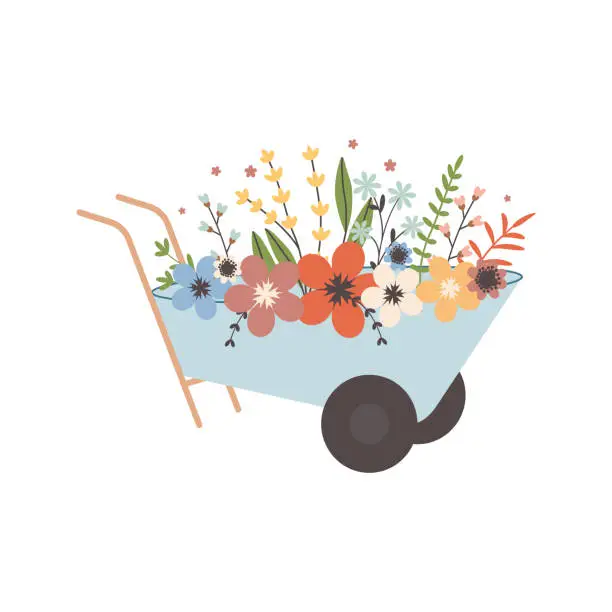 Vector illustration of Garden cart with flowers. Cute vector illustration for spring design. Flat vintage style.