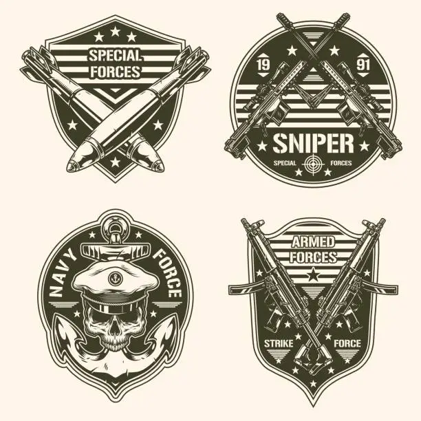 Vector illustration of Military set label monochrome vintage