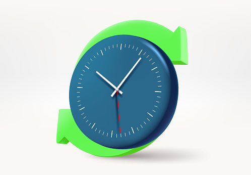 Blue clock with green arrows. Update concept. 3d vector illustration