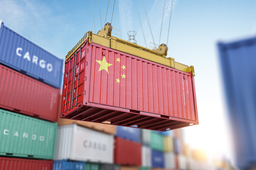 Cargo shipping container with China flag in a port harbor. Production, delivery, shipping and freight transportation of chinese products concept. 3d illustration