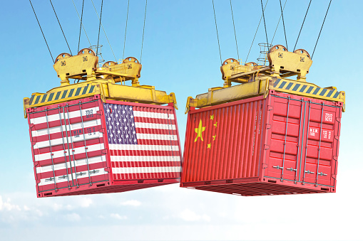 USA China dtrade war. Cargo shipping contaners with flags of United States and China. 3d illustration