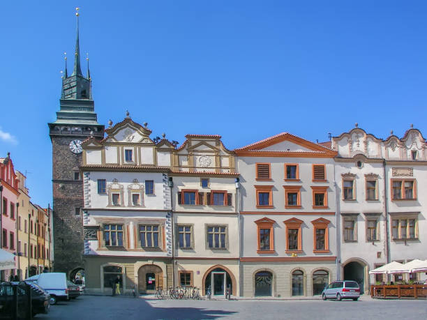 Main square with historical houses and Green Gate in Pardubice, Czech Republic