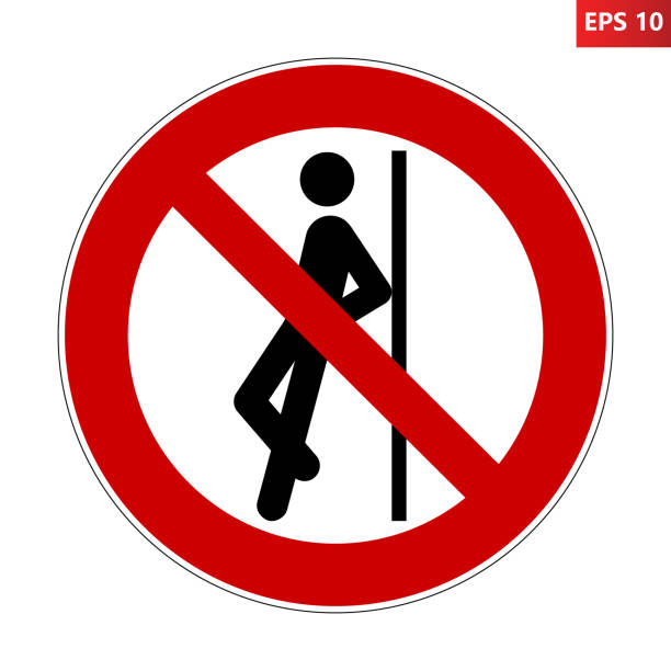 No leaning against. Crossed out circular prohibited sign, No leaning against. Vector illustration of red crossed out circular prohibited sign with man leaning backwards against wall. Object overbalancing symbol. Risk of falling. Loss of balance. person falling backwards stock illustrations