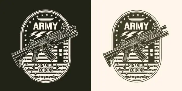 Vector illustration of Army weapons vintage monochrome sticker