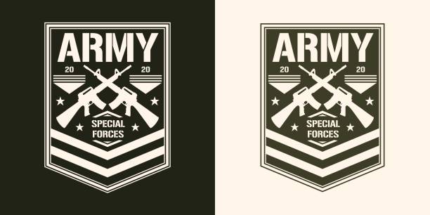 Military army monochrome element vintage Military army monochrome element vintage crossed weapons M16 special forces machine guns of soldiers of liberation operations vector illustration combat infantry badge stock illustrations