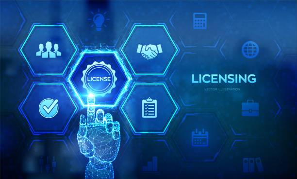 istock Licensing. License agreement concept. Copyright protection law license property rights. Business technology concept on virtual screen. Robotic hand touching digital interface. Vector illustration. 1469520773