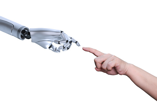 Human and robot fingers making contact on isolated white background with clipping path, Integration and coordination of people with artificial intelligence technology concept, 3D rendering