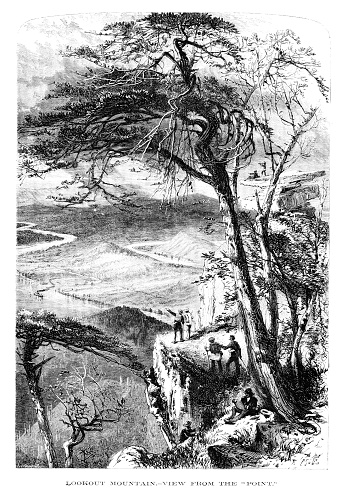 Chattanooga and the Tennessee River from Lookout Mountain, USA. Pen and pencil illustration engravings, published 1872. This edition edited by William Cullen Bryant is in my private collection. Copyright is in public domain.