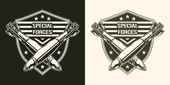 Special forces monochrome vintage element crossed cruise missiles for bombing and fighting enemy army of soldiers in war vector illustration