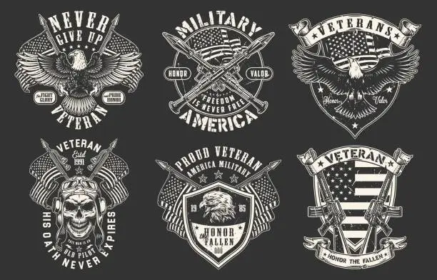 Vector illustration of Military USA set monochrome poster