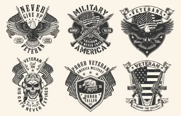 Vector illustration of Military America set monochrome flyer