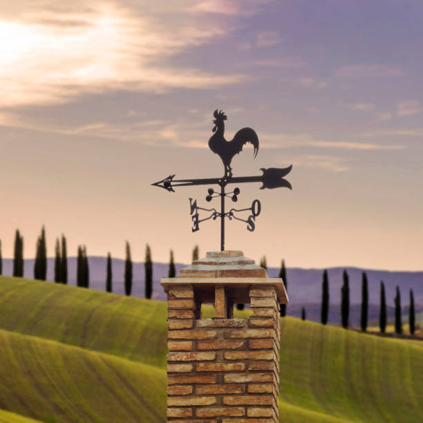un gallo segnavento nero all'alba con la frecci della direzione verso il sole - meteorology weather vane direction wind foto e immagini stock