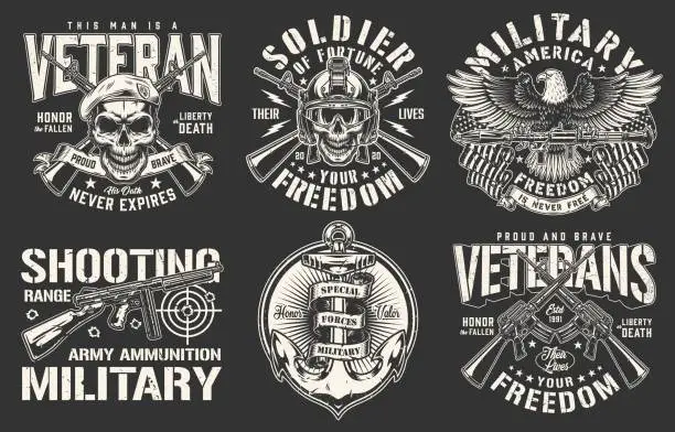 Vector illustration of Soldier fortune set monochrome label