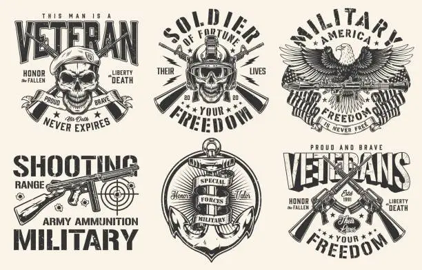 Vector illustration of Military set vintage sticker monochrome