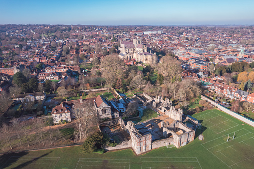 Beautiful aerial view of the famous English Heritage site, Wolvesey Castle, the Monumental remains, bishops of Winchester, daytime