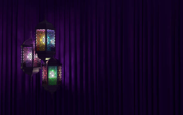 Colorgul lantern with candle, lamp with arabic decoration, purple curtains. Concept for islamic celebration day ramadan kareem or eid al fitr adha. 3d rendering Colorgul lantern with candle, lamp with arabic decoration, purple curtains. Concept for islamic celebration day ramadan kareem or eid al fitr adha. 3d rendering anhui province stock pictures, royalty-free photos & images