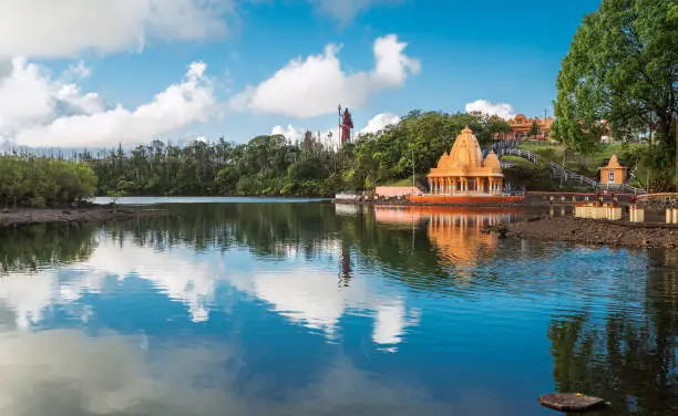 Grand Bassin Temple (Ganga Talao) on the lake bench - a sacred place for pilgrimage of Hindu people in the district of Savanne, Mauritius.