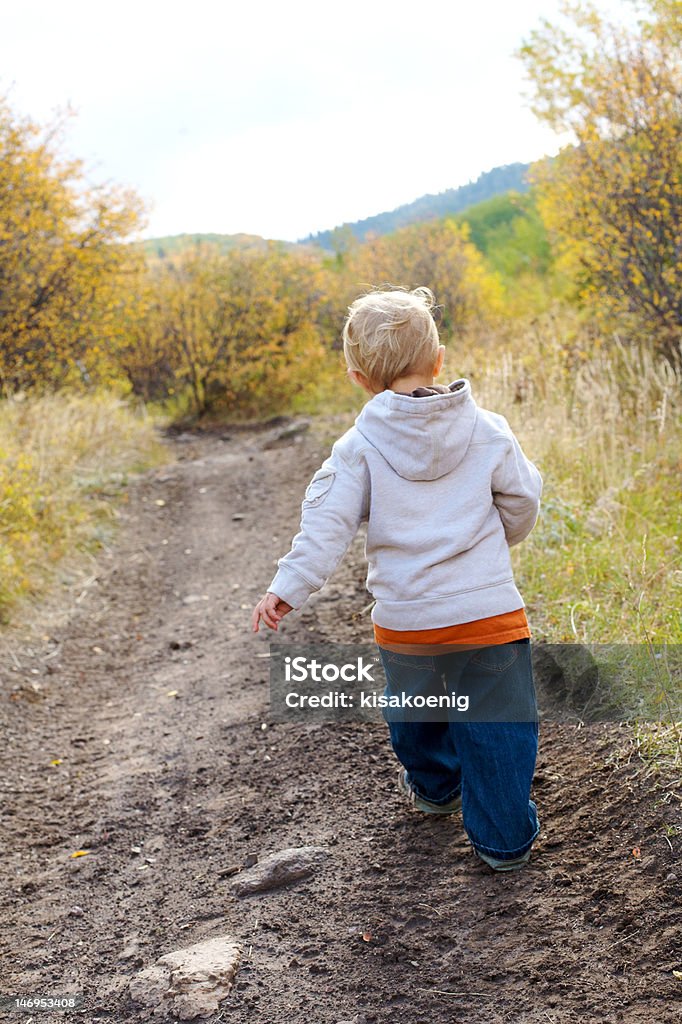 Happy Trails A little boy heads off down a trail on a brisk fall day. 18-23 Months Stock Photo
