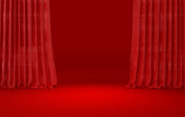 istock Movie theater dramatic curtains on stage, classic drapery template 3d render illustration. Circus and standup scene interior 1469535237