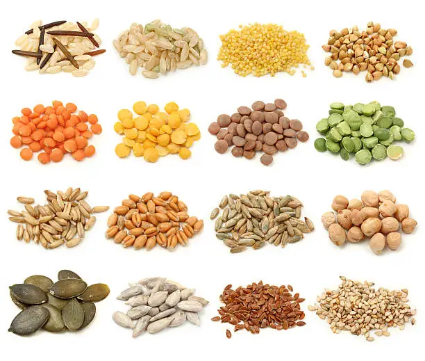Cereal,grain and seeds collection isolated on white background. Macro shots.