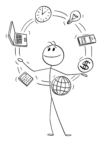 Time management and multitasking, businessman juggling , vector cartoon stick figure or character illustration.