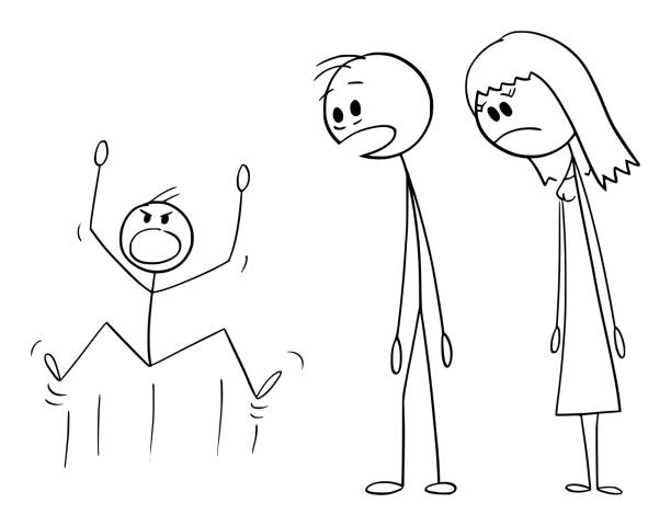 родители смотрят на непослушного ребенка, векторная мультяшная палочка фигура иллюстрация - couple bizarre cartoon men stock illustrations