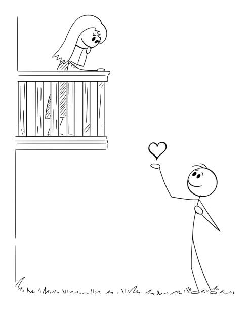kuvapankkikuvitukset aiheesta rakastaja tunnustaa rakkautensa tytölle parvekkeella, vector cartoon stick figure -kuvitus - romeo fictional character