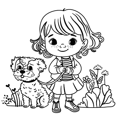 A girl and her dog are standing in a garden. Black and white vector illustration.