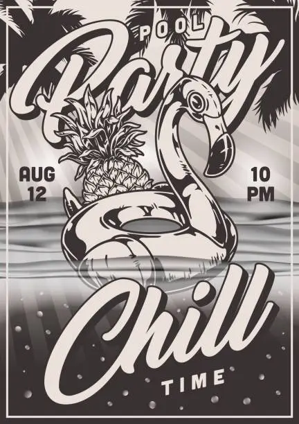 Vector illustration of Pool party flyer vintage monochrome