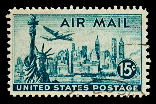 Statue of Liberty, New york Skyline and Lockheed Constellation Airmail stamp. Issued in 1947.