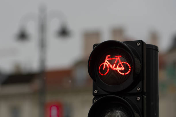 istock Sustainable transport. Bicycle traffic signal, red light 1469544654