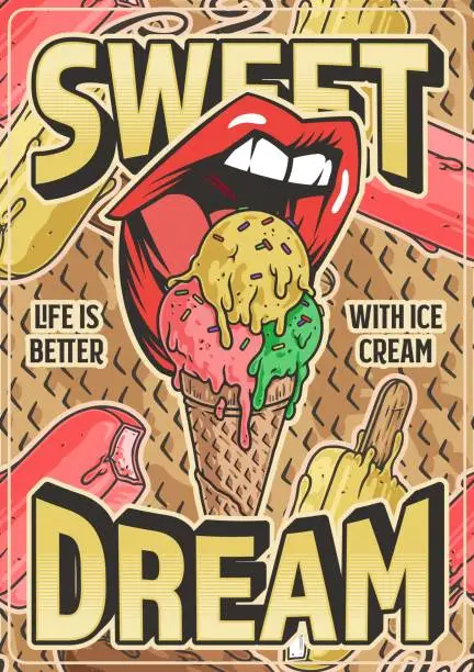 Vector illustration of Ice cream colorful vintage flyer