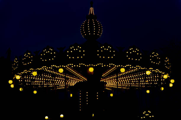 night, carousel, lights, yellow, black
