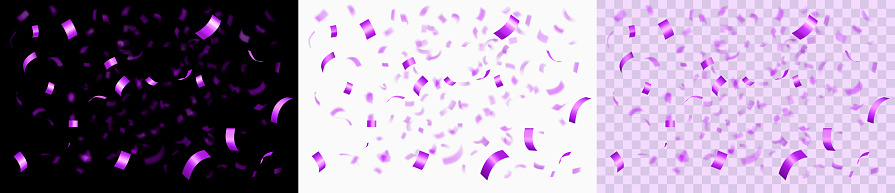 Falling Shiny Violet Confetti. Violet Serpentine isolated on white, black and transparent golden background. Bright festive violet tinsel. Realistic 3d vector illustration