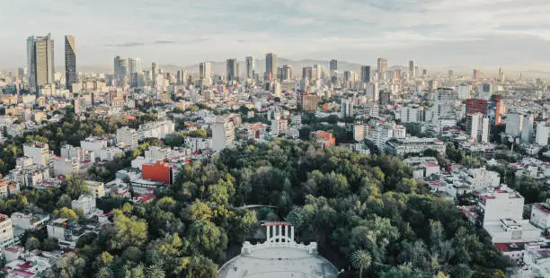 Areal shot of Mexico City at sunrise around the city center.