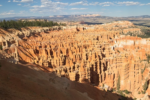 Bryce Canyon hoodoos and spires viewed from the rim trail of Bryce Canyon National Park in the arid landscape of Utah.