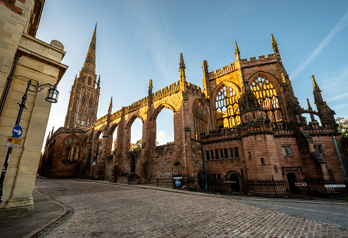 Old Coventry Cathedral and Holy Trinity spire England, UK