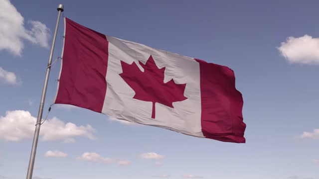 Happy Canadian citizen patriot concept. Canadian flag at wind, blue cloudy sky and golden hour sun.